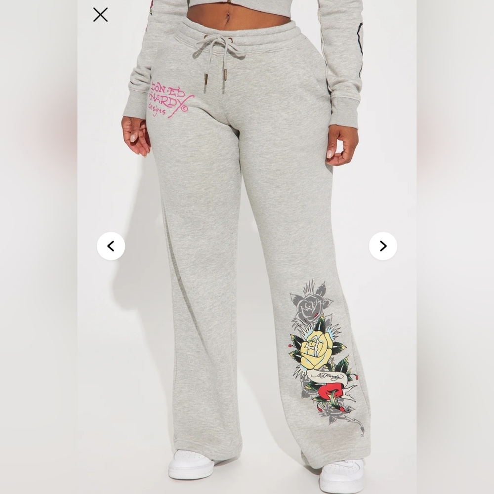 ED HARDY Rose And Sword Sweatpants Womans Sz 1XL Wide Leg Heather Grey